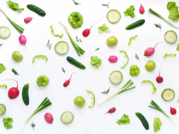 Composição Dos Alimentos Com Rabanetes Abobrinha Pepino Cebola Verde Pimentão — Fotografia de Stock