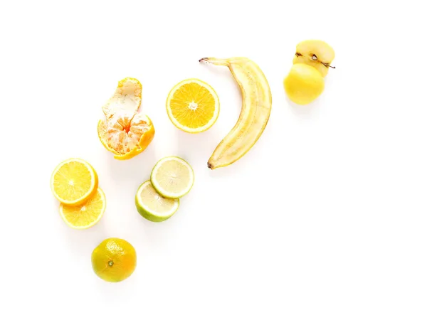 Top View Sliced Orange Limes Tangerine Banana Isolated White Background — Stock Photo, Image