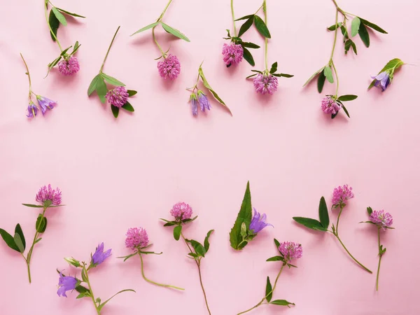 Pembe bir arka plan üzerinde yonca ve çiçek çanları ile çiçek kompozisyon