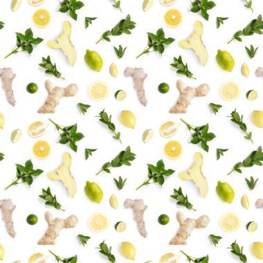 Zencefil, limon, limon ve beyaz arka plan üzerinde izole nane, seamless modeli