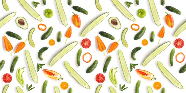 Seamless Pattern Fresh Tomatoes Peppers Avocados Cucumbers Green Basil Isolated — Stock Photo, Image