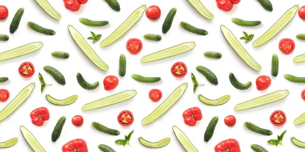 Padrão Sem Costura Tomates Frescos Pepinos Manjericão Verde Isolado Fundo — Fotografia de Stock