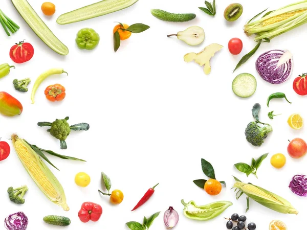 Cadre Légumes Fruits Frais Isolé Sur Fond Blanc Vue Dessus — Photo