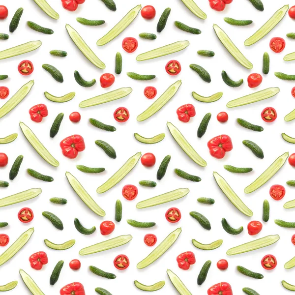 Seamless Pattern Fresh Tomatoes Cucumbers Isolated White Background Top View — Stock Photo, Image