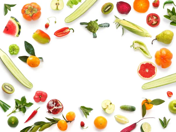 Rám Čerstvé Zeleniny Ovoce Izolované Bílém Pozadí Pohled Shora — Stock fotografie