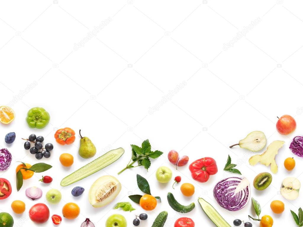 frame of fresh vegetables and fruits isolated on white background, top view