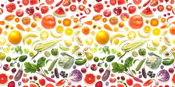 Çeşitli taze sebze ve meyve beyaz arka plan üzerinde üstten görünüm, izole seamless modeli düz yatıyordu. Gıda, sağlıklı beslenme kavramı kompozisyon. Gıda doku.