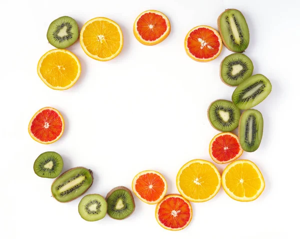Composição Alimentos Com Frutas Tropicais Fatiadas Redondo — Fotografia de Stock