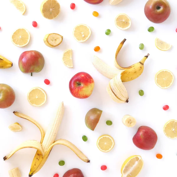 Close Photo Sweet Fruits Set Apples Bananas White Table Background — Stock Photo, Image