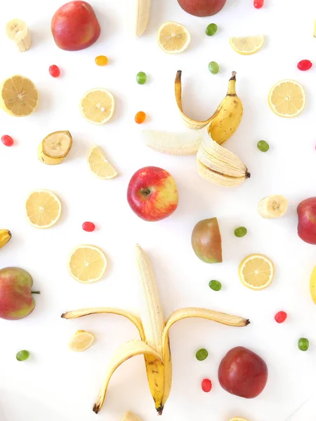 Close Photo Sweet Fruits Set Apples Bananas White Table Background — Stock Photo, Image