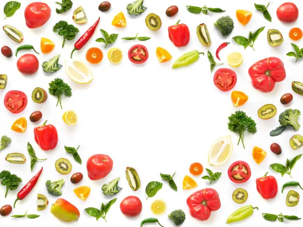 新鮮な果物や野菜のクローズ アップ写真が白いテーブル背景にフレームを設定 — ストック写真