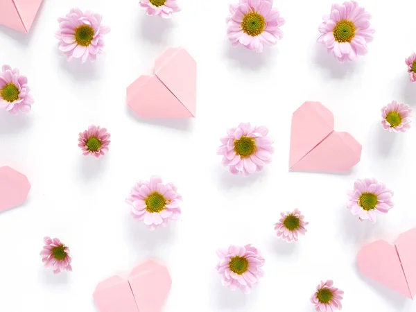 Foto Belas Flores Flores Rosa Com Corações Papel Fundo — Fotografia de Stock