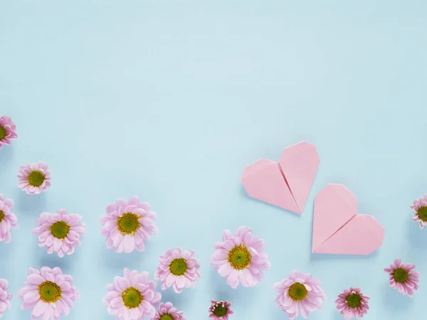 Vackra Blommor Rosa Gerbera Daisies Blommor Med Pappershjärtan Blå Bakgrund — Stockfoto