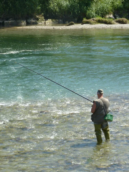 Pêche Sportive Dans Une Rivière Montagne Haute Lombardie Pêcheur Dans — Photo