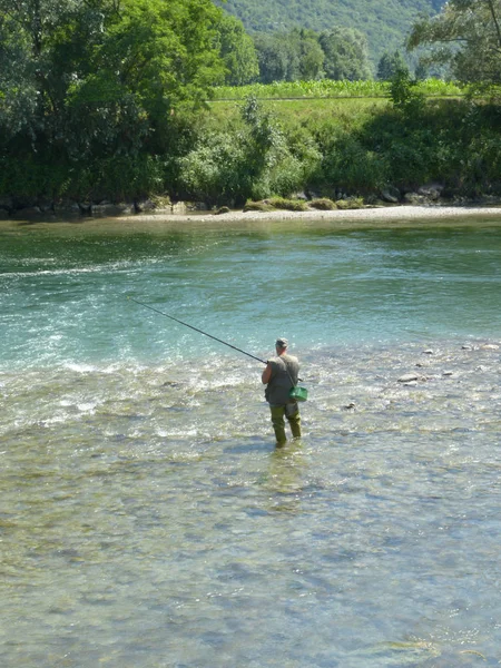 Pêche Sportive Dans Une Rivière Montagne Haute Lombardie Pêcheur Dans — Photo