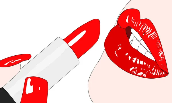 Una mujer hermosa mientras usa lápiz labial rojo — Foto de Stock