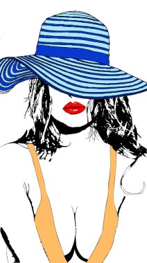 Mavi şapkalı ve turuncu elbiseli güzel ve şehvetli bir kadın.