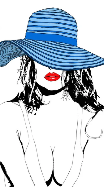 Bella e sensuale donna con cappello blu e labbra rosse — Foto Stock