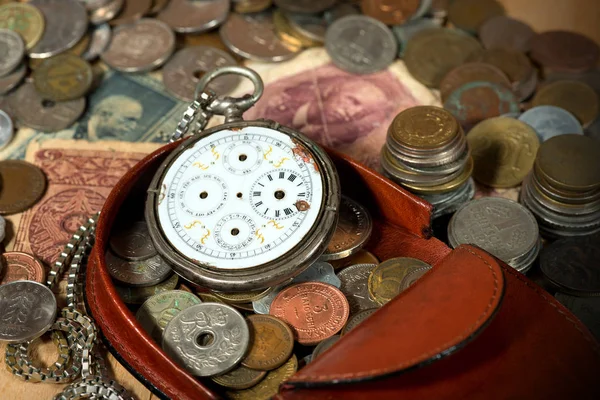 Purse with Broken Pocket Watch and Coins