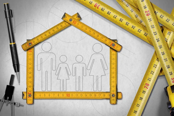 Huis Project - Meter liniaal met familie — Stockfoto