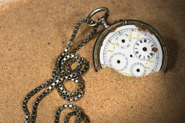Zegarek kieszonkowy złamane w piasku — Zdjęcie stockowe