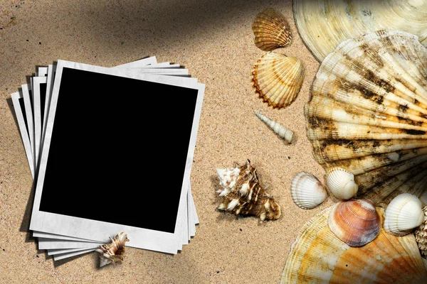 Vacaciones en la playa - conchas marinas y fotos instantáneas —  Fotos de Stock