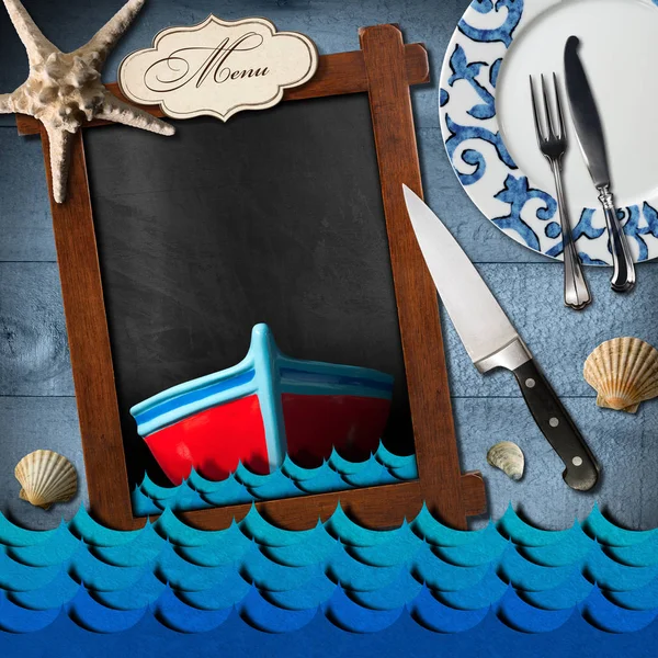 Tableau noir vide pour le menu des fruits de mer — Photo