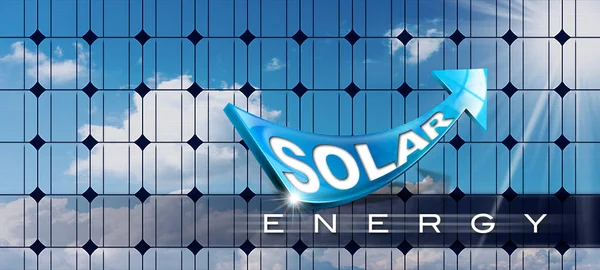 Сонячна енергія - синю стрілку та панелі сонячних батарей — стокове фото