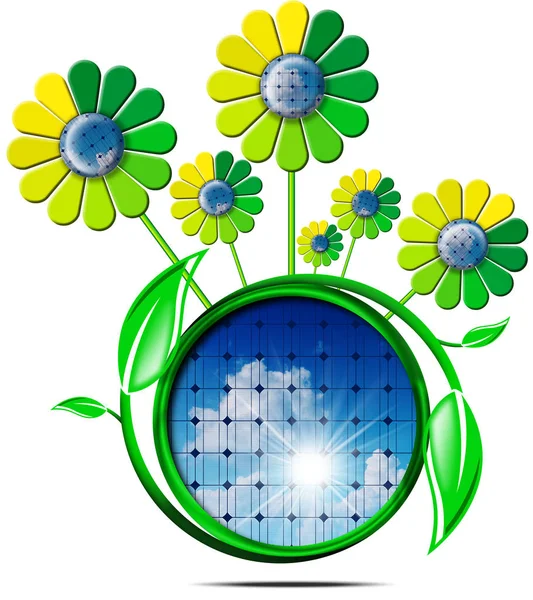 Symbole de l'énergie solaire avec des fleurs — Photo