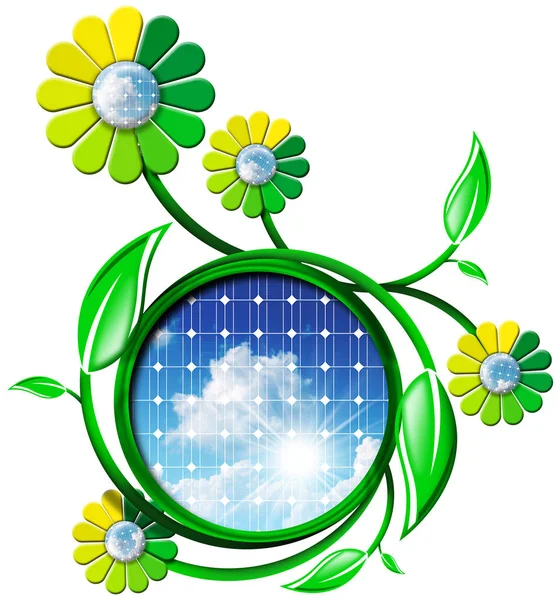 Symbole de l'énergie solaire avec des fleurs — Photo