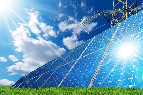 Pannelli solari e una linea elettrica — Foto Stock