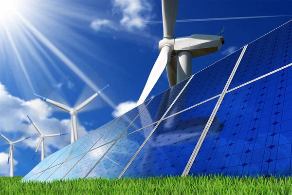 太阳能电池板和风力涡轮机 — 图库照片