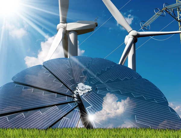 Solpanel - vindkraftverk - kraftledning — Stockfoto