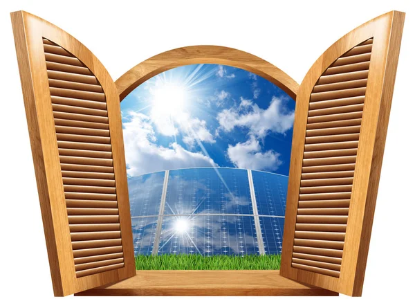 Houten venster met zonnepanelen binnen — Stockfoto