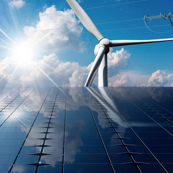Solpaneler - vindkraftverk - kraftledning — Stockfoto