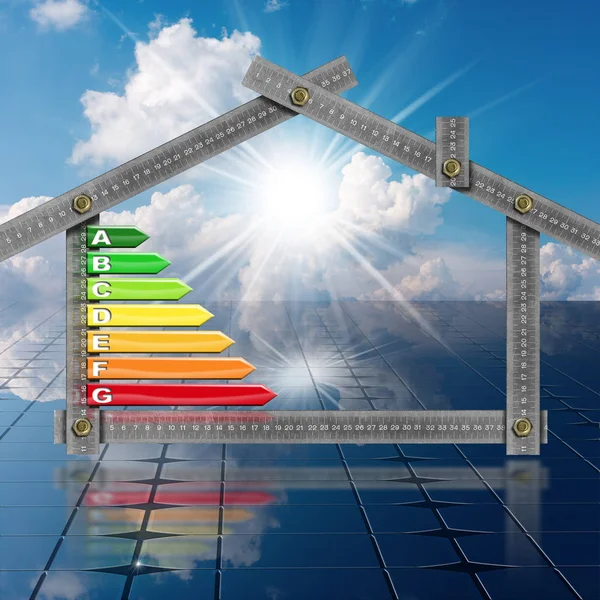 Energieffektivitet - hus med solpaneler — Stockfoto