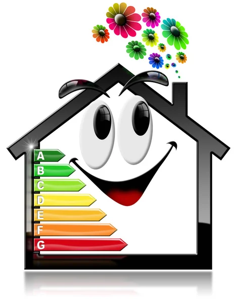 Glimlachend huis met energieproductiviteitsscijfer — Stockfoto