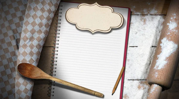Notebook vazio com farinha e rolo Pin — Fotografia de Stock