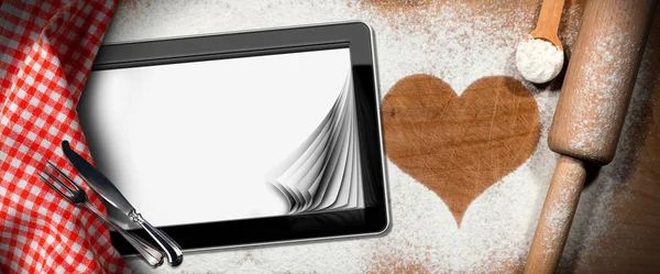 Fond de cuisson avec coeur et tablette PC — Photo