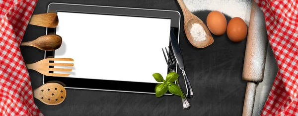 Komputer typu Tablet pusty w kuchni — Zdjęcie stockowe