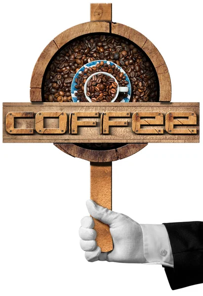 Holzschild mit gerösteten Kaffeebohnen — Stockfoto