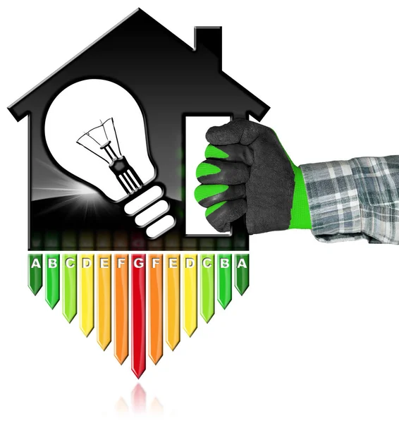 Eficiencia energética - Casa modelo y bombilla —  Fotos de Stock