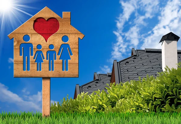 Signo de madera con modelo Casa Corazón y familia —  Fotos de Stock