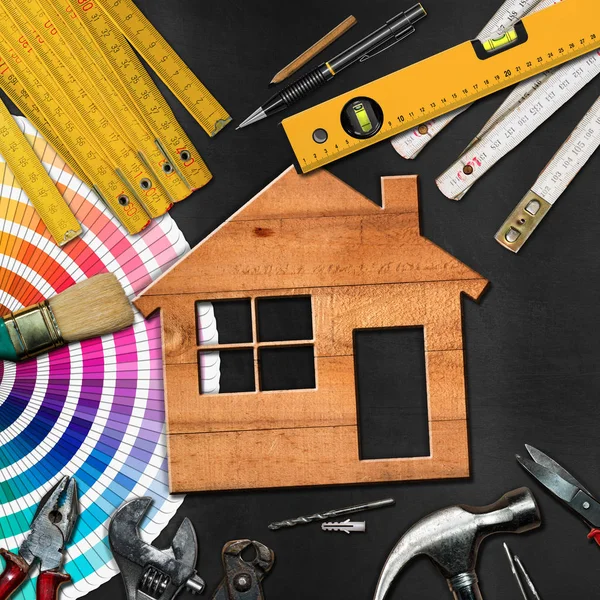 İş araçları ve House - ev geliştirme kavramı — Stok fotoğraf