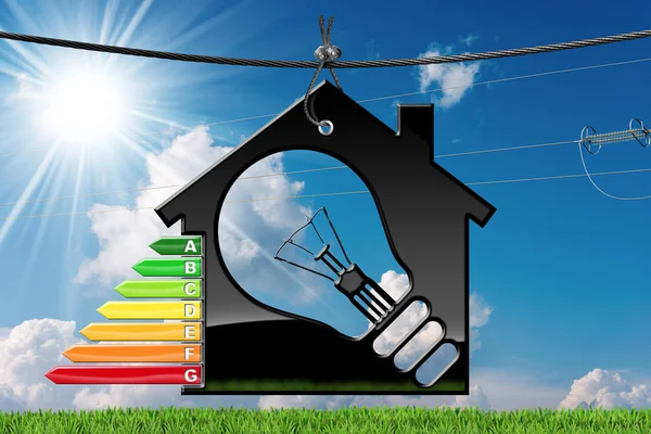 Efektywności energetycznej - Model domu z żarówką — Zdjęcie stockowe