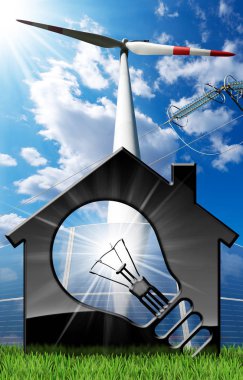 Güneş paneli Rüzgar Türbini ve güç hattı ile ev