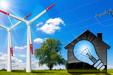 Model ev Rüzgar türbinleri ve güç hattı