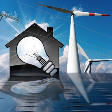 Güneş paneli Rüzgar türbinleri ve güç hattı ile ev