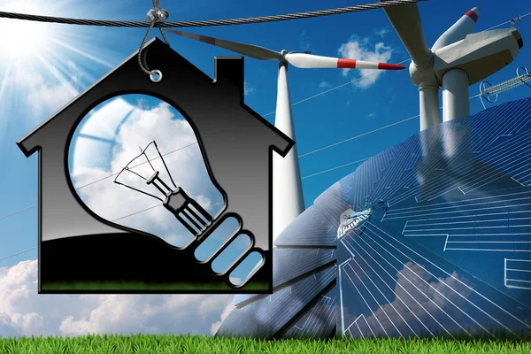 Hus - glödlampa - solpanel - vindkraftverk — Stockfoto