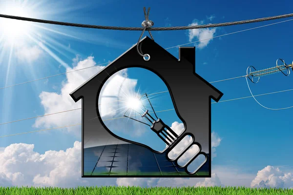 Casa modelo com painel solar e lâmpada — Fotografia de Stock